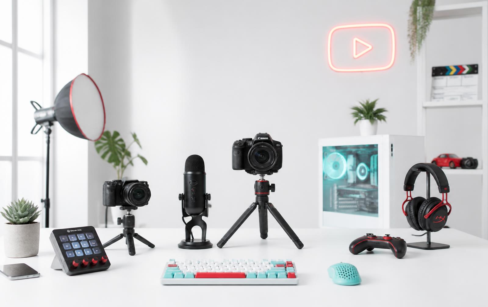Camera, studio microphone and gaming controller lit in red and teal